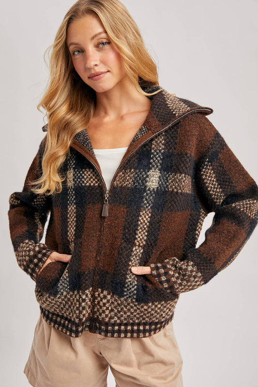 Plaid Zipper Front Sweater Jacket