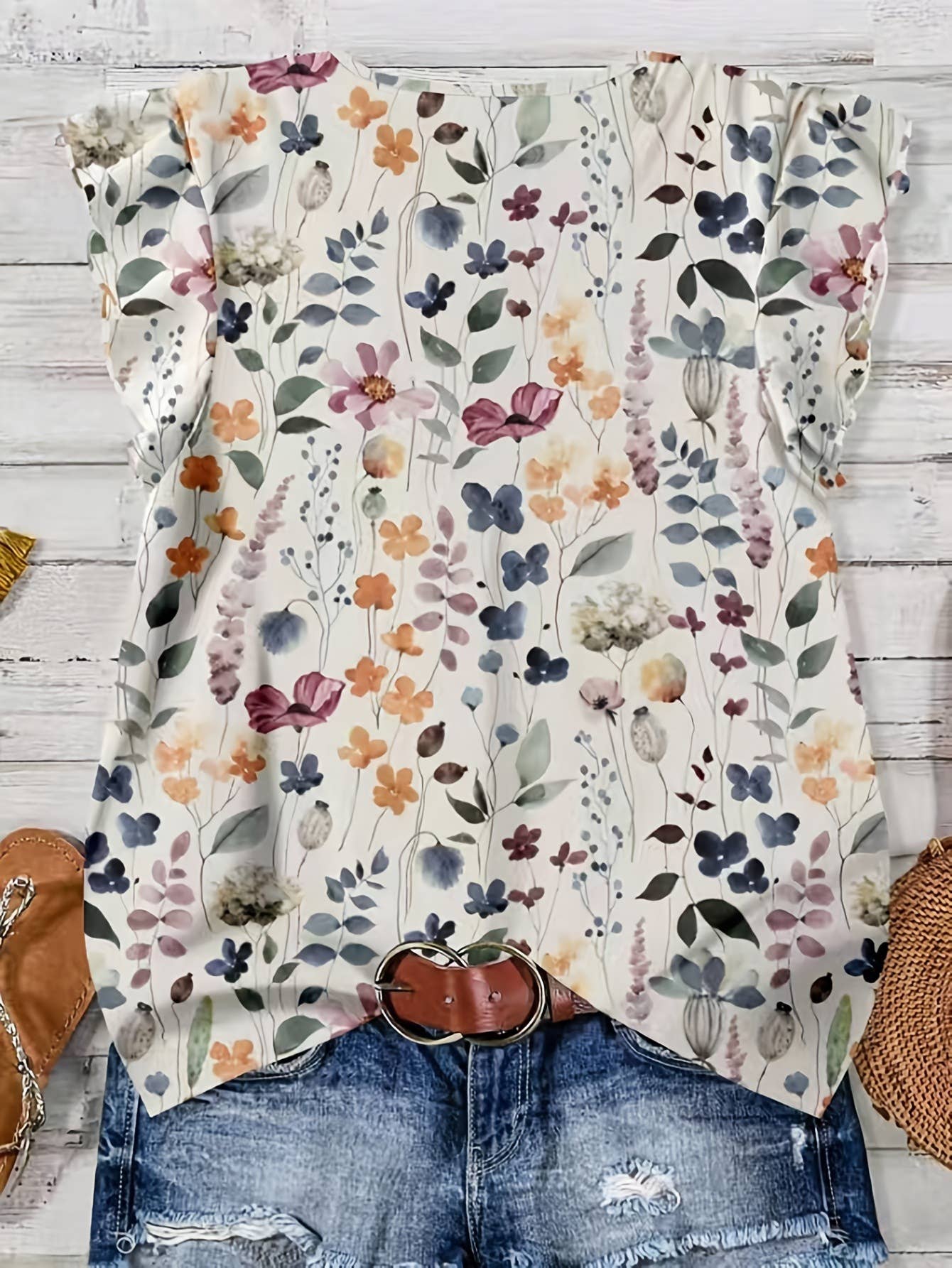 Flutter Sleeve Watercolor Floral & Leopard Print V-Neck Top