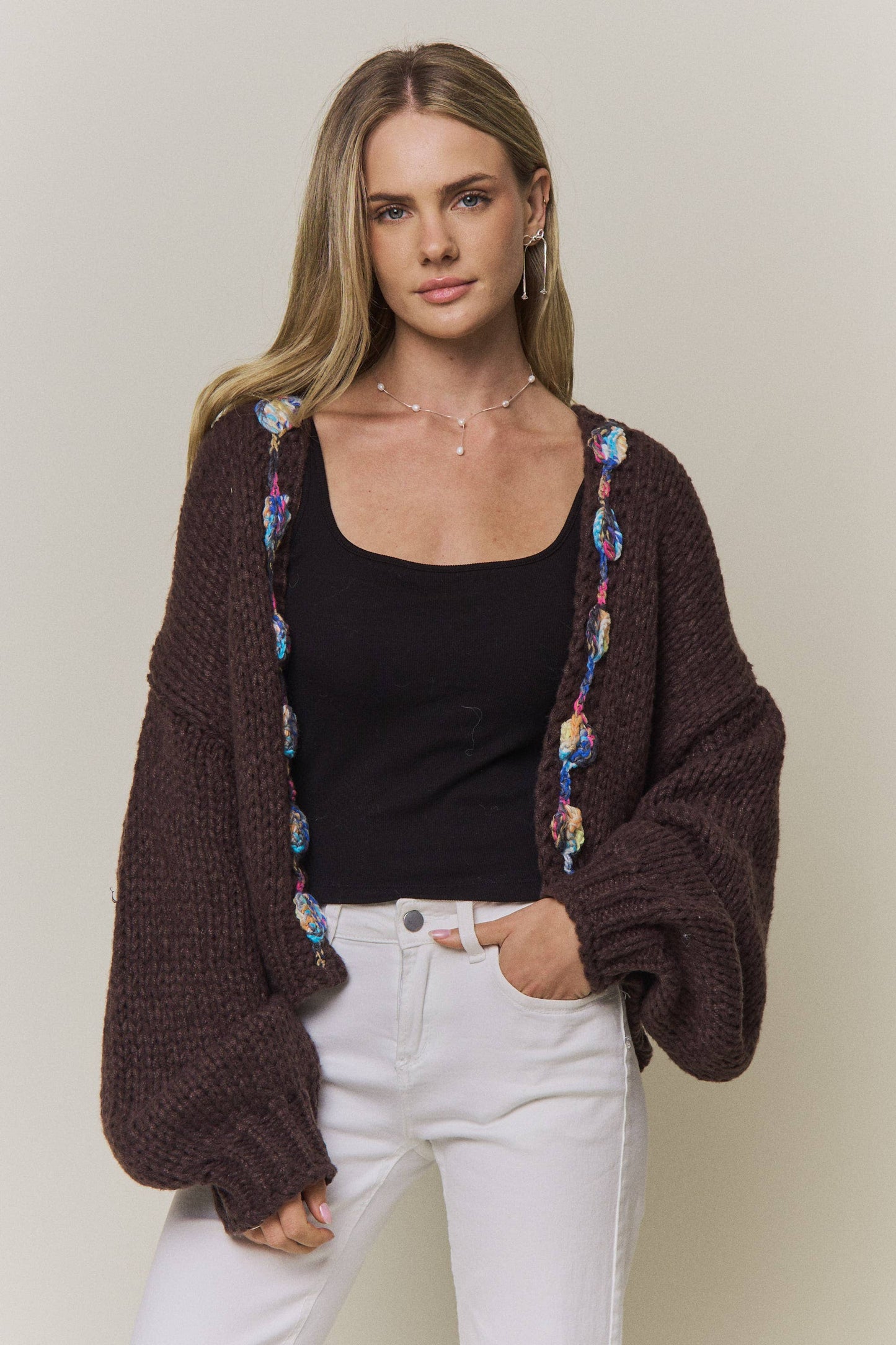 CHUNKY MULTICOLOR TRIM KNIT CARDIGAN - CESW4416