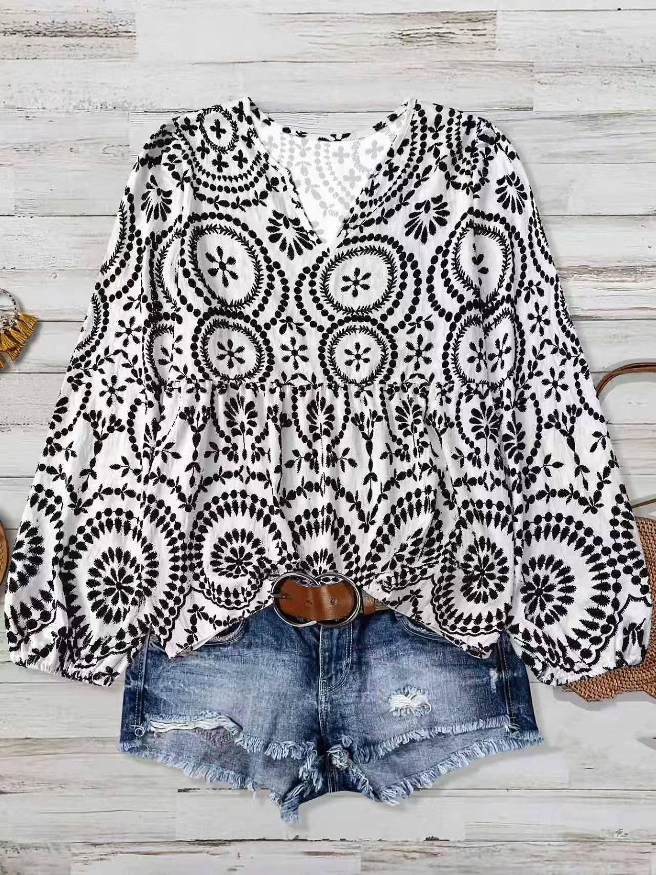 Boho Retro Style Ethnic Print Peplum V-Neck Blouse
