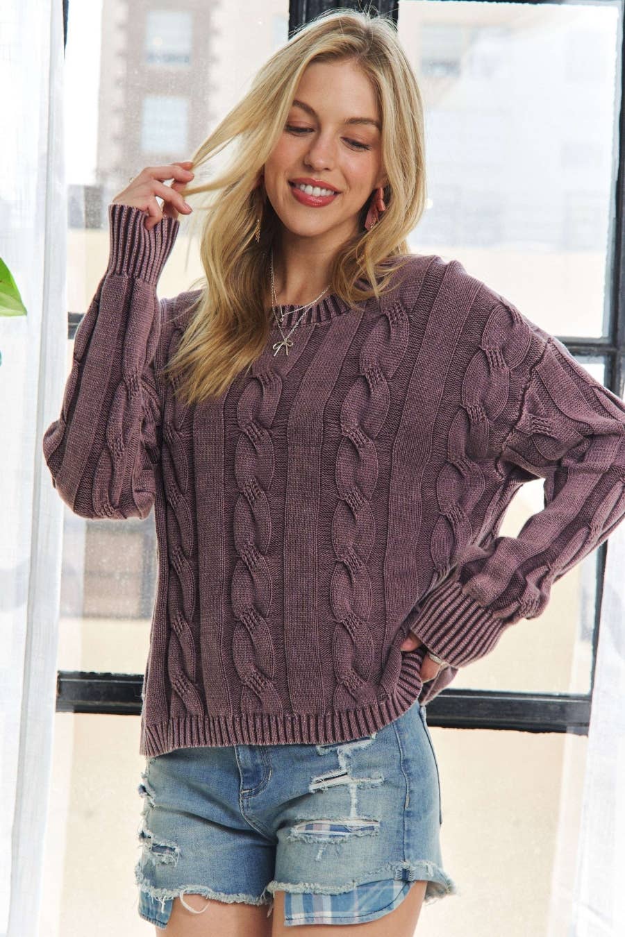 CESW3701 - MINERAL WASHED CABLE KNIT SWEATER TOP