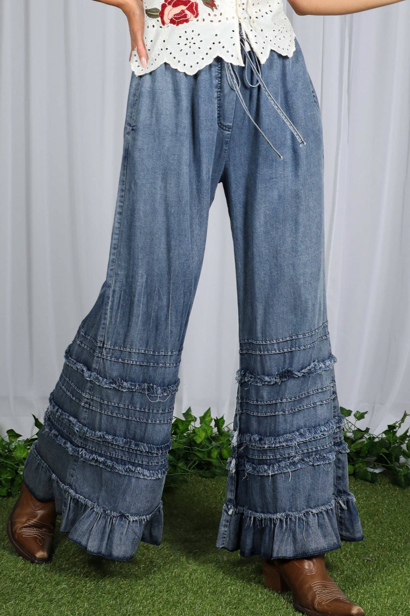 Flared Ruffle Hem Washed Chambray Pants