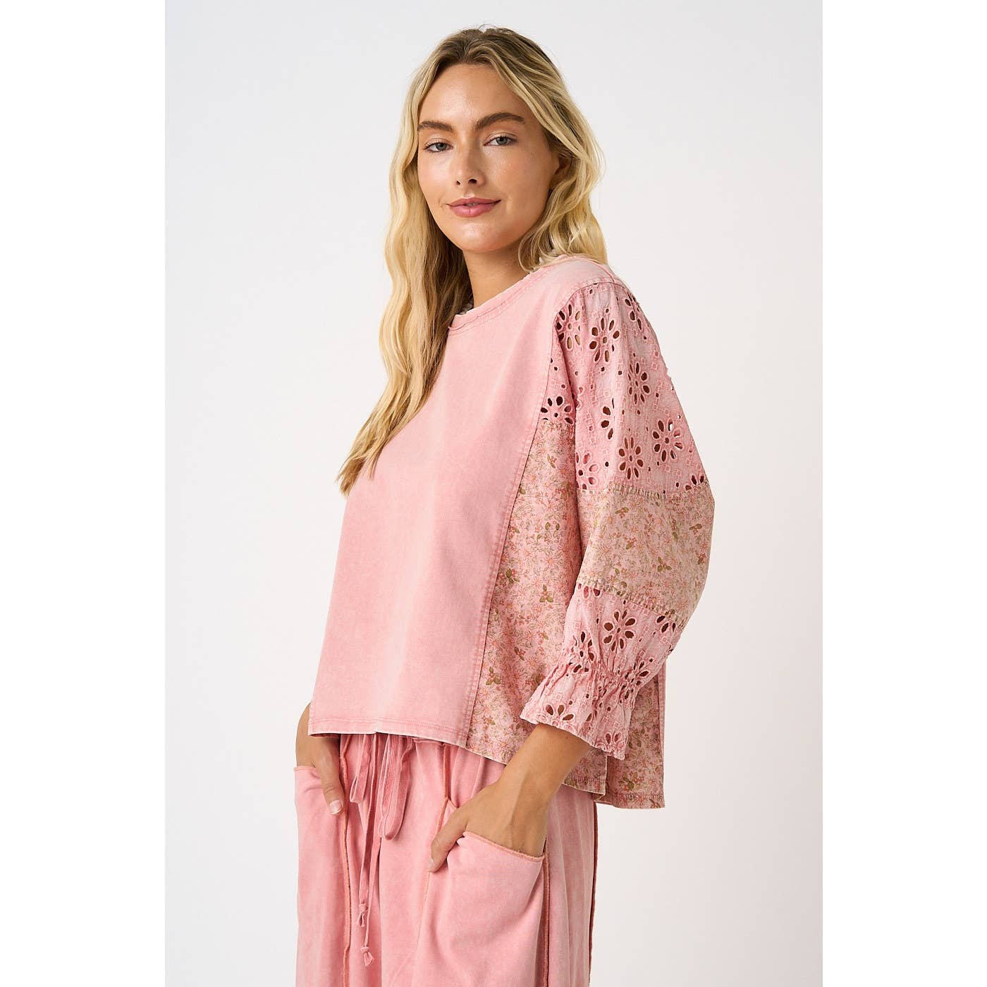 EYELET PATCHWORK RUFFLE LONG SLEEVE TOP
