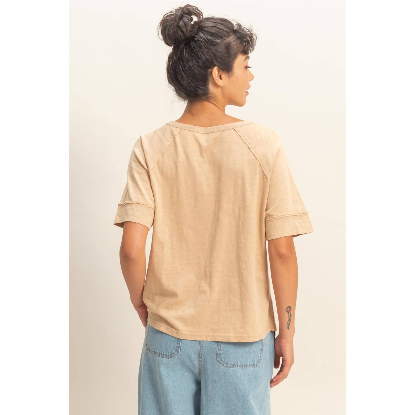 Acid Wash Raw Seam Raglan Short Sleeve Tee