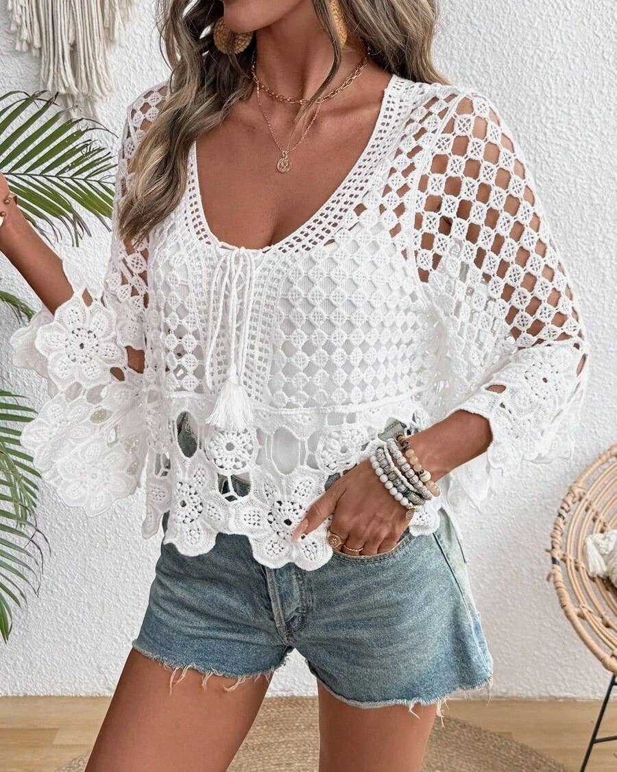 Boho Resort Geometric Crochet Lace Top With Tassel