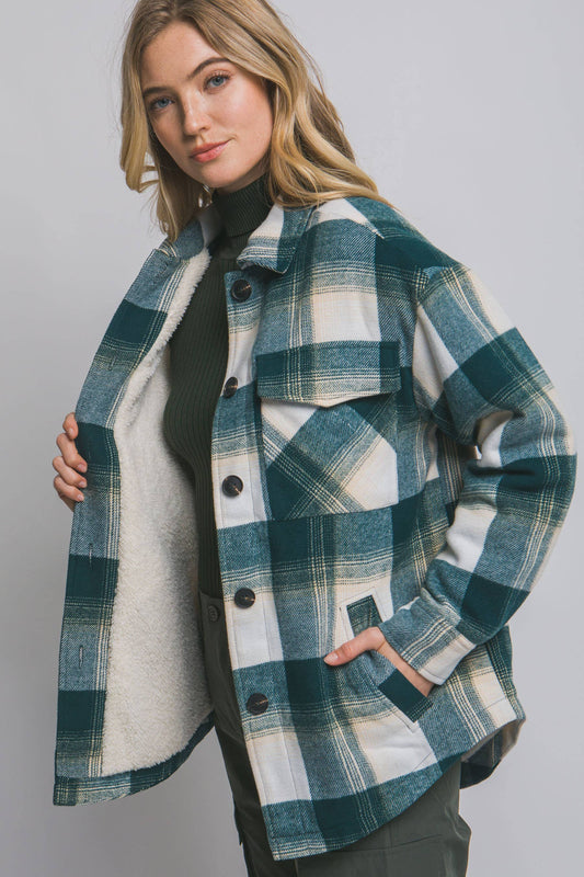 Plaid Button Up Shacket with Sherpa Lining