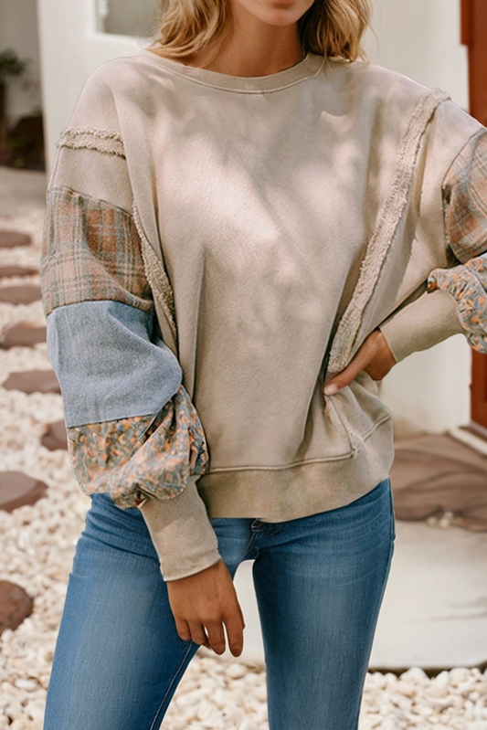 Plaid Patchwork Raw Seam Sweatshirt