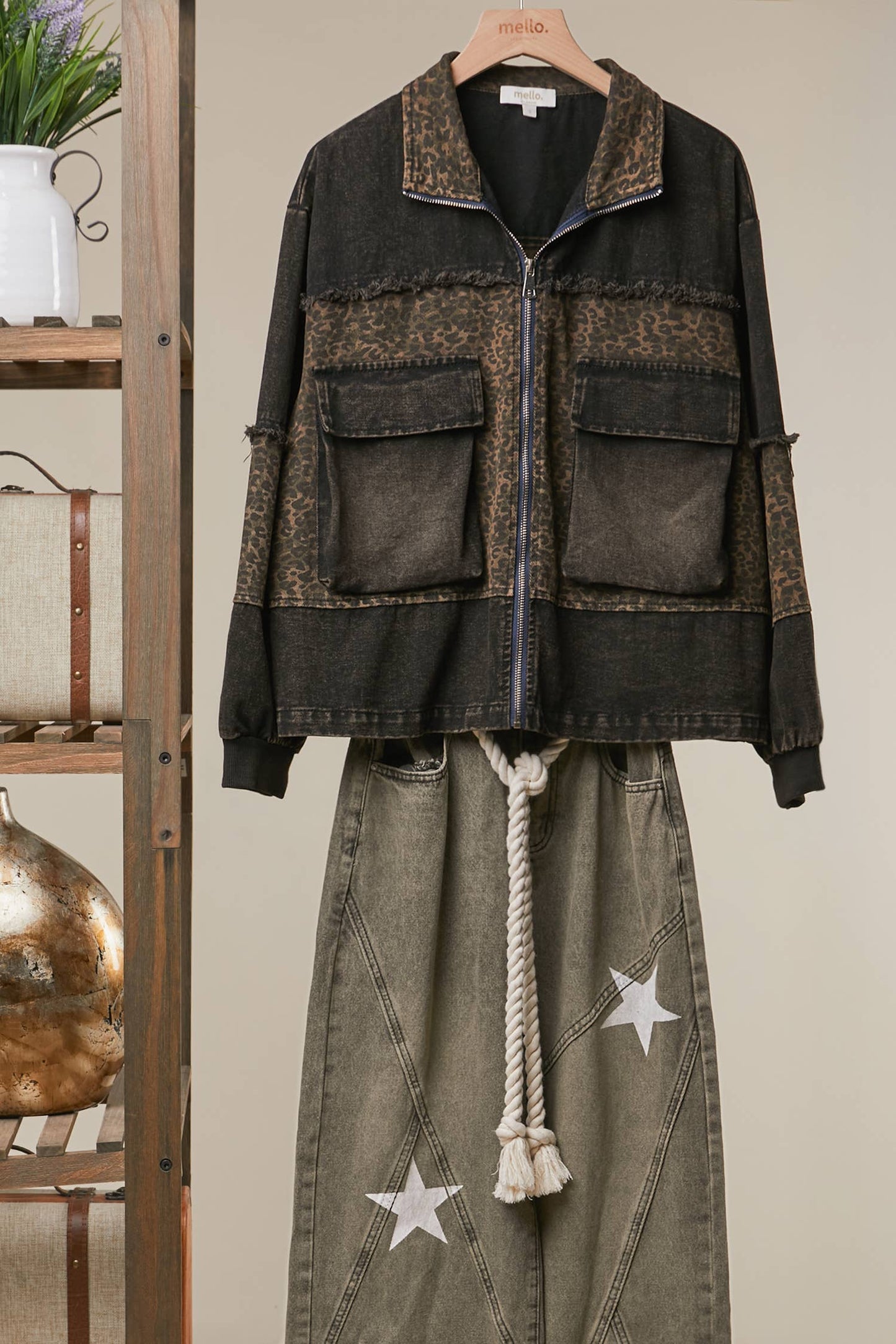 Denim Cargo Jacket with Floral Contrast Panels