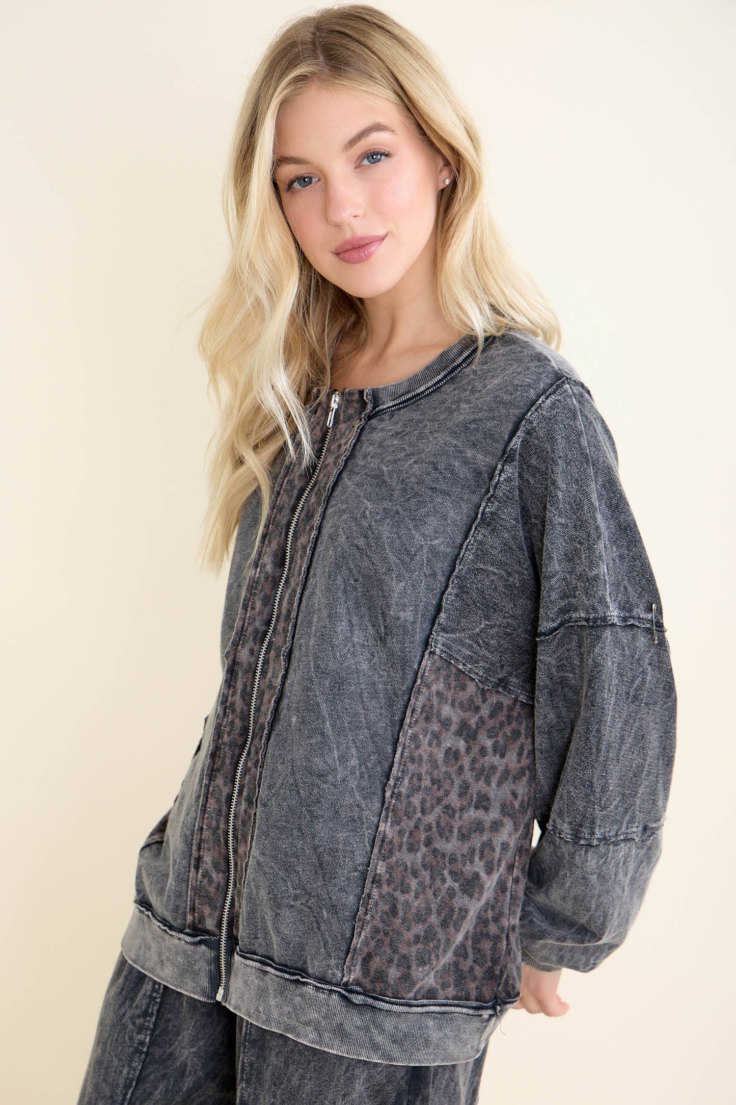 Mineral Washed Cheetah Zipper Jacket