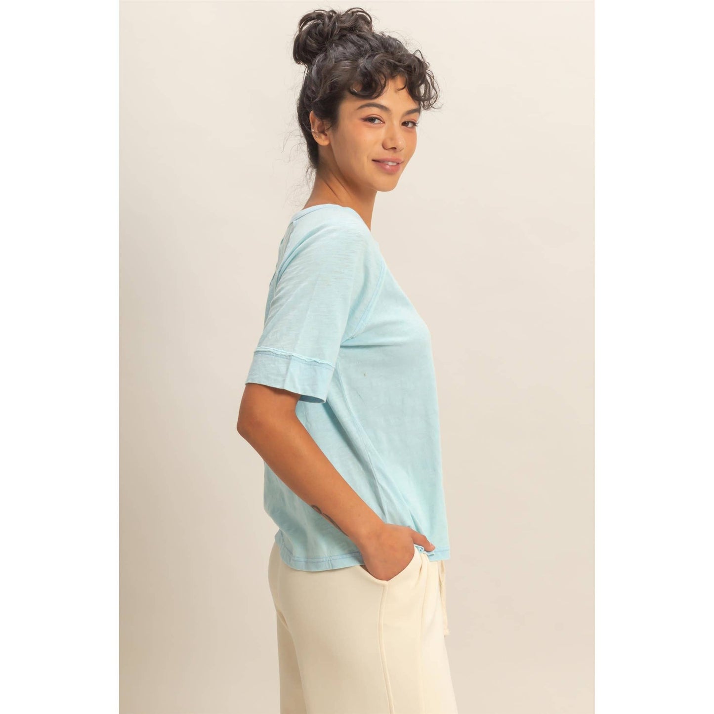 Acid Wash Raw Seam Raglan Short Sleeve Tee