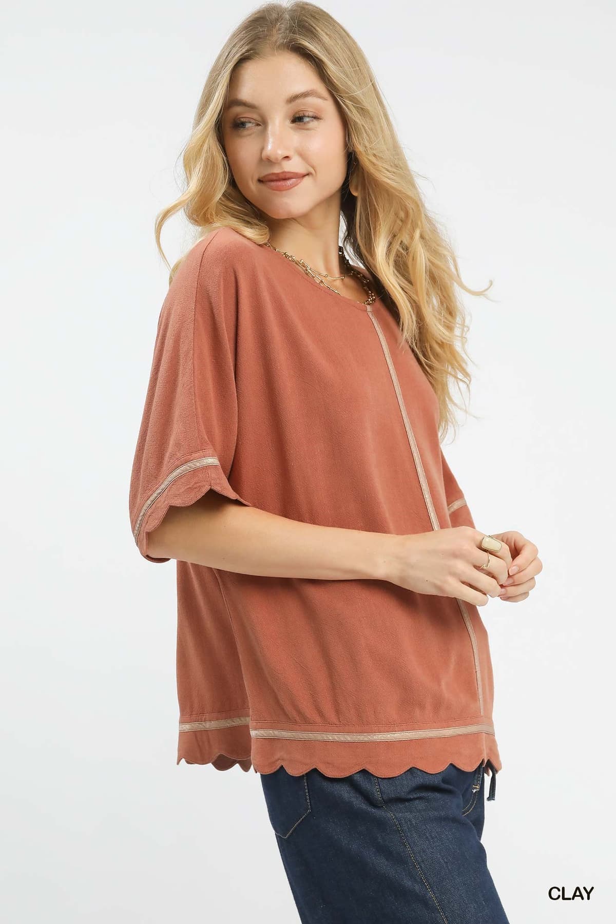Linen Blend Scallop Trim Top
