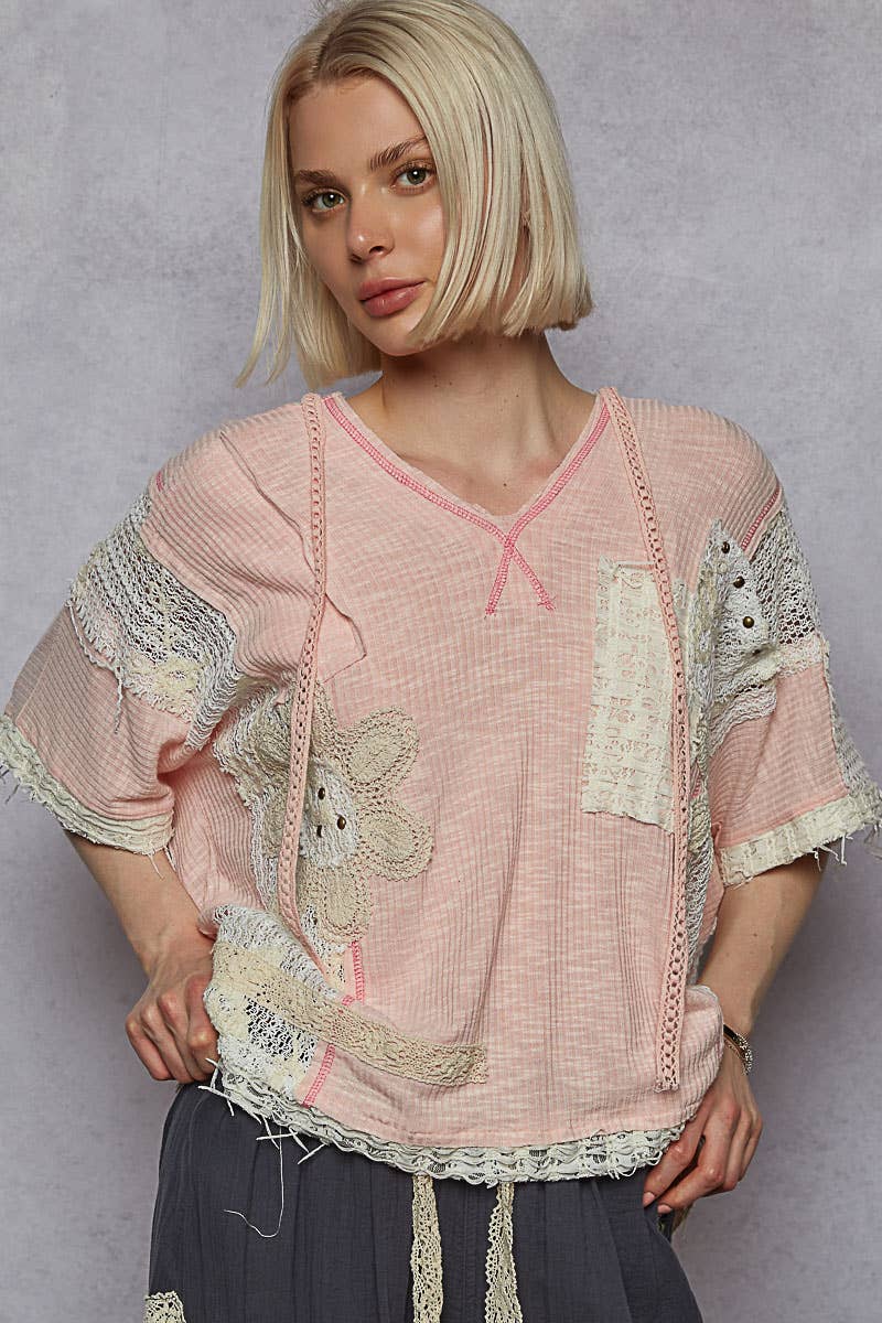 V-neck Hoodie Crochet Flower Top