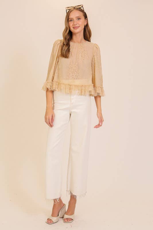 Sheer Lace Ruffle Hem Blouse