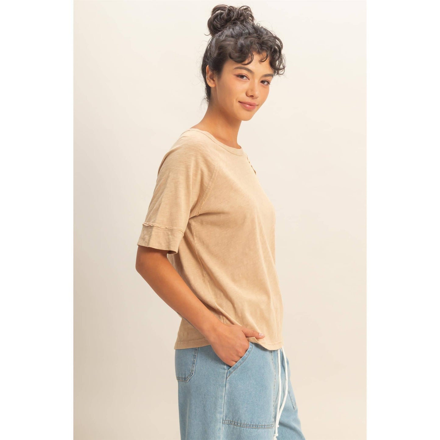 Acid Wash Raw Seam Raglan Short Sleeve Tee