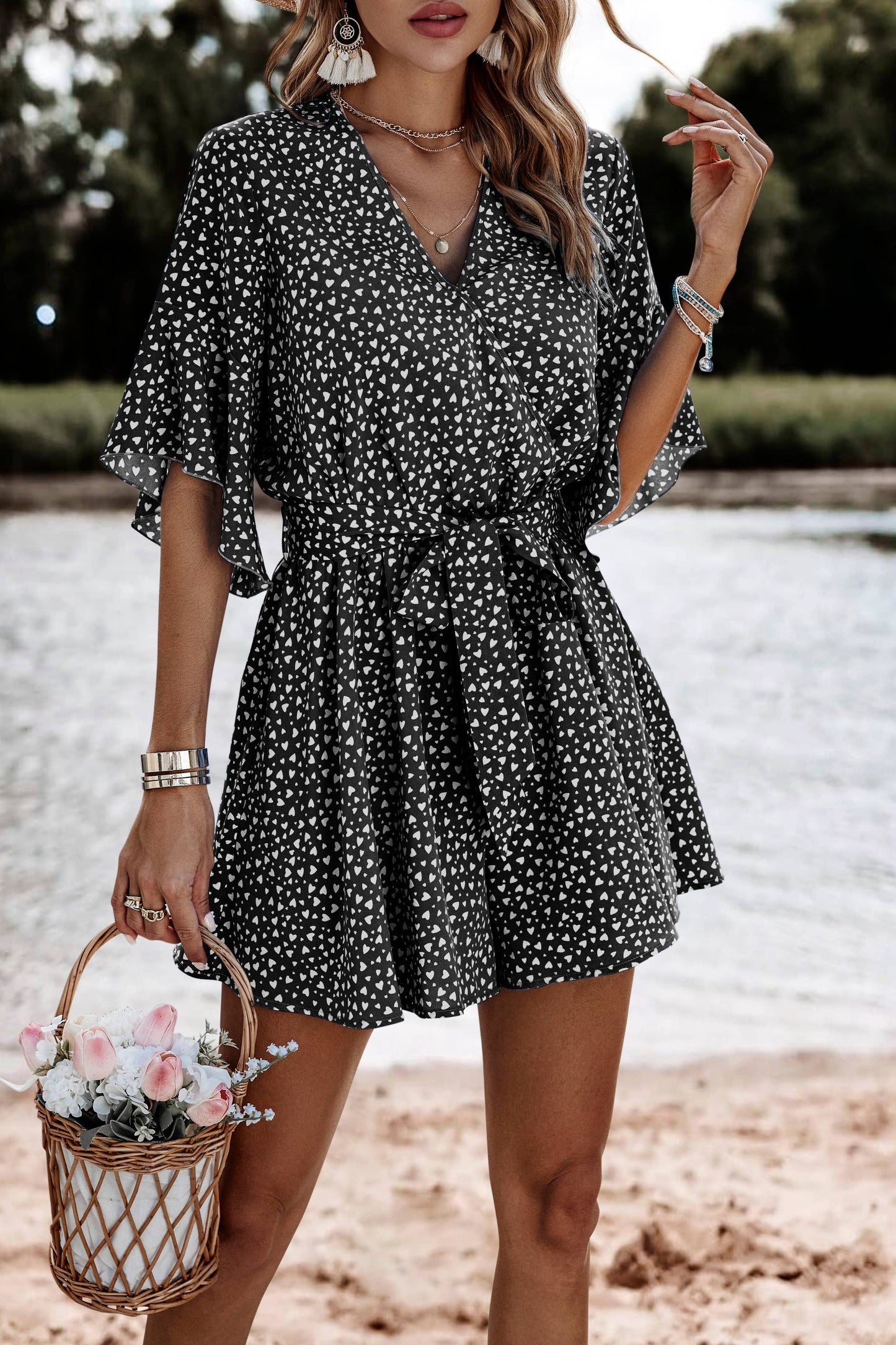 Black And White Print Faux Wrap Romper