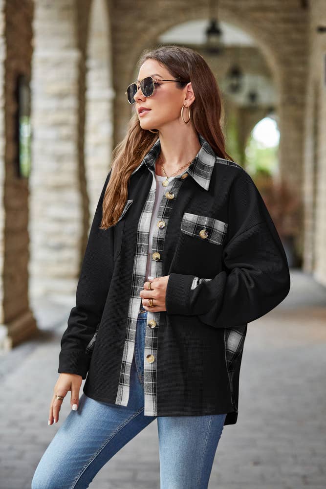 Waffle Knit Plaid Trim Shacket