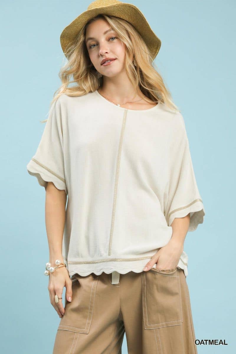Linen Blend Scallop Trim Top