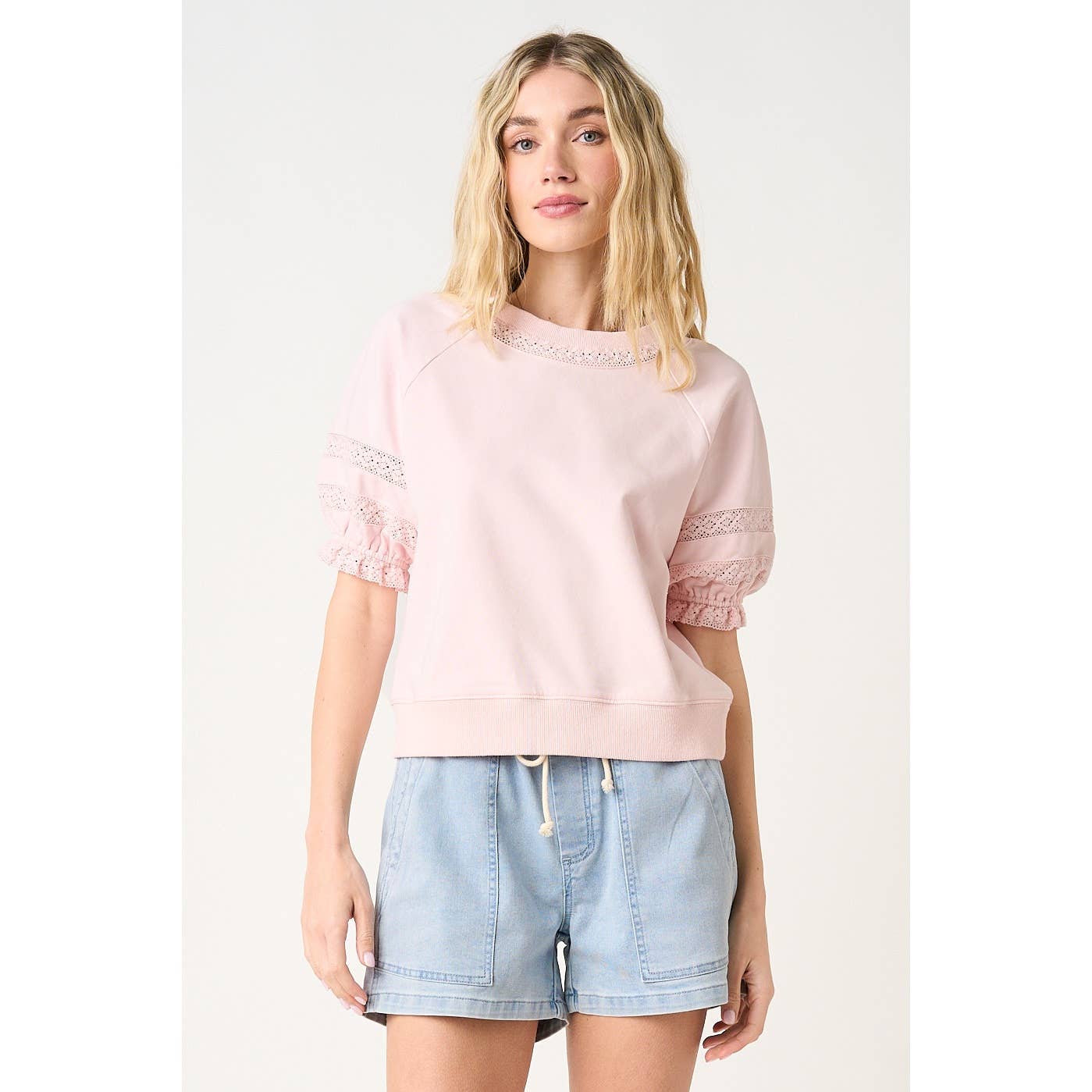 Lace Detail Short Puff Sleeve Top
