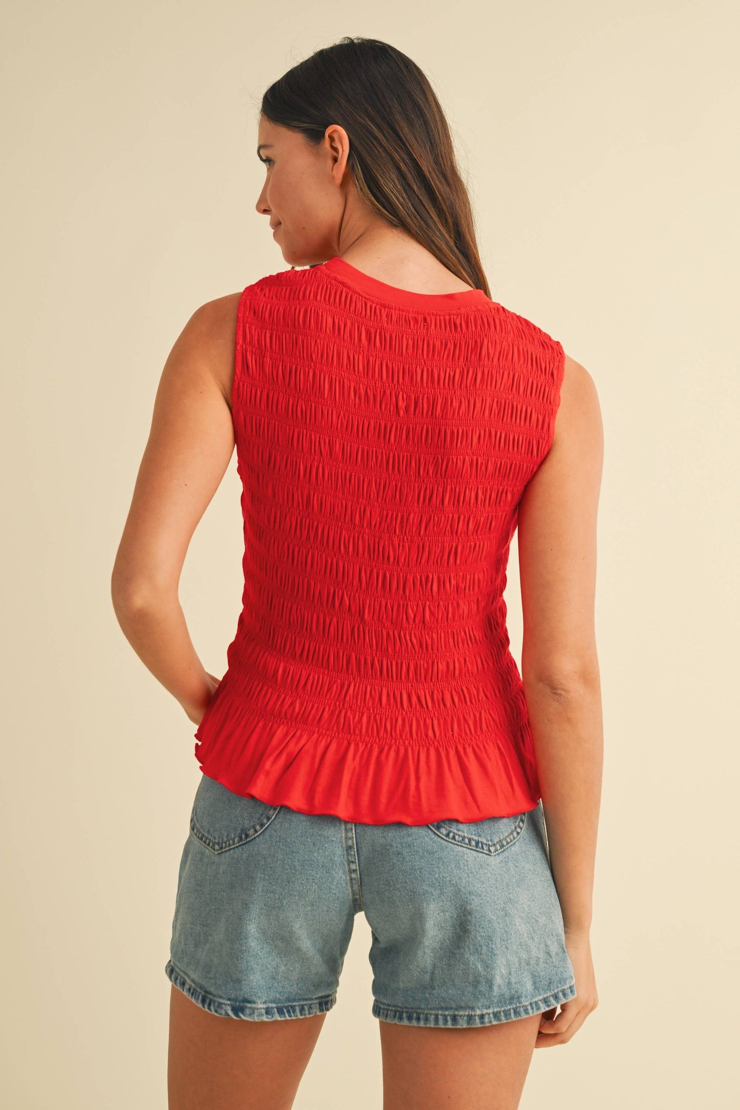 Smocking Detail Ruffle Hem Knit Tank Top