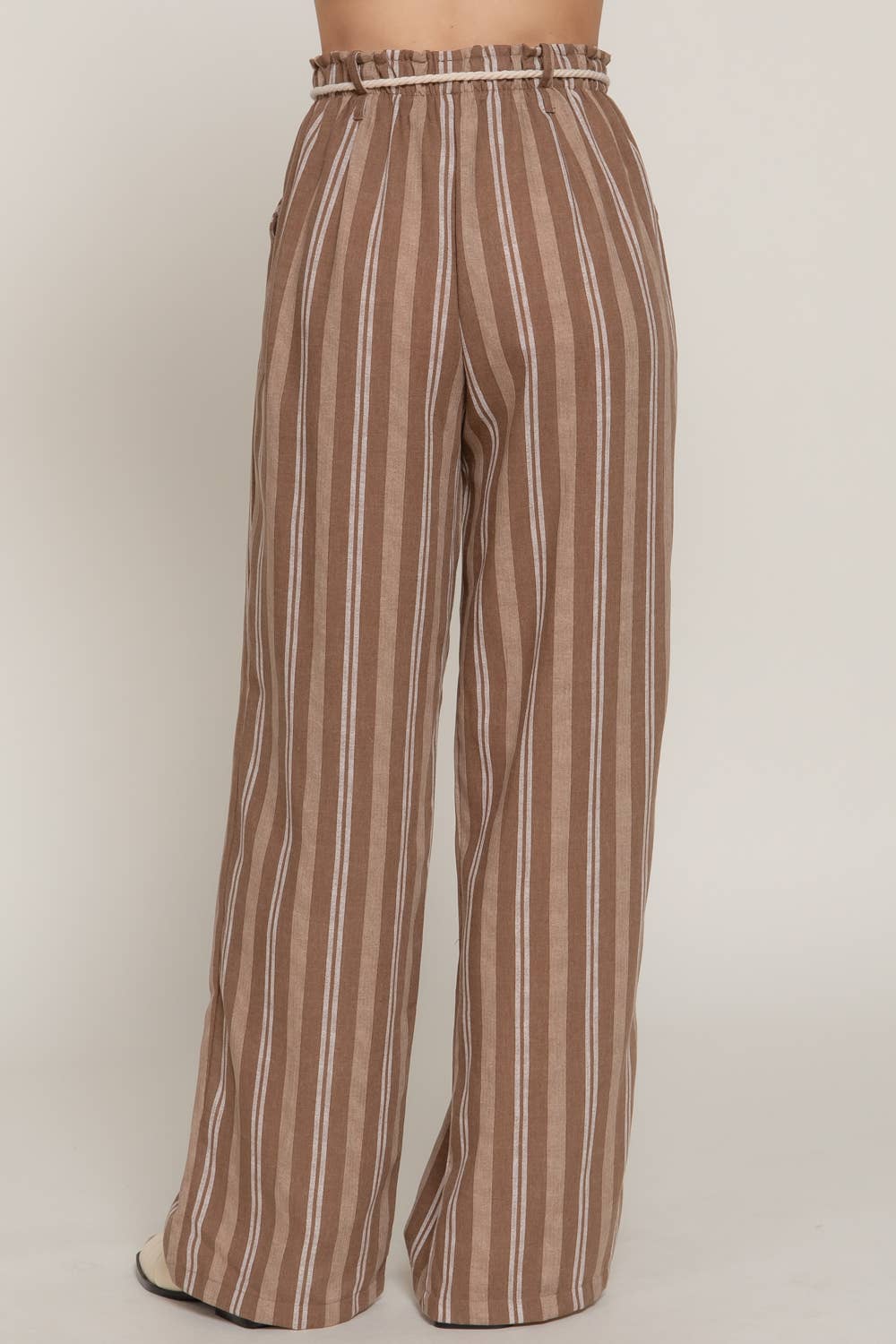 `Rope Belted Stripe Print Linen Effect Pants w/ Pockets