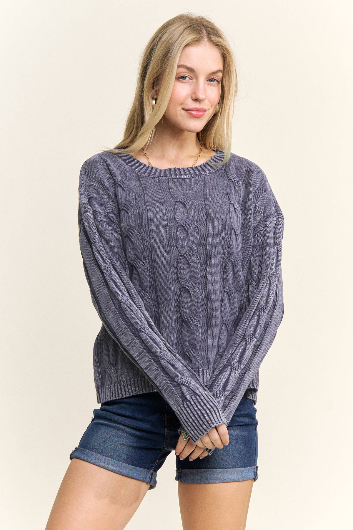 CESW3701 - MINERAL WASHED CABLE KNIT SWEATER TOP