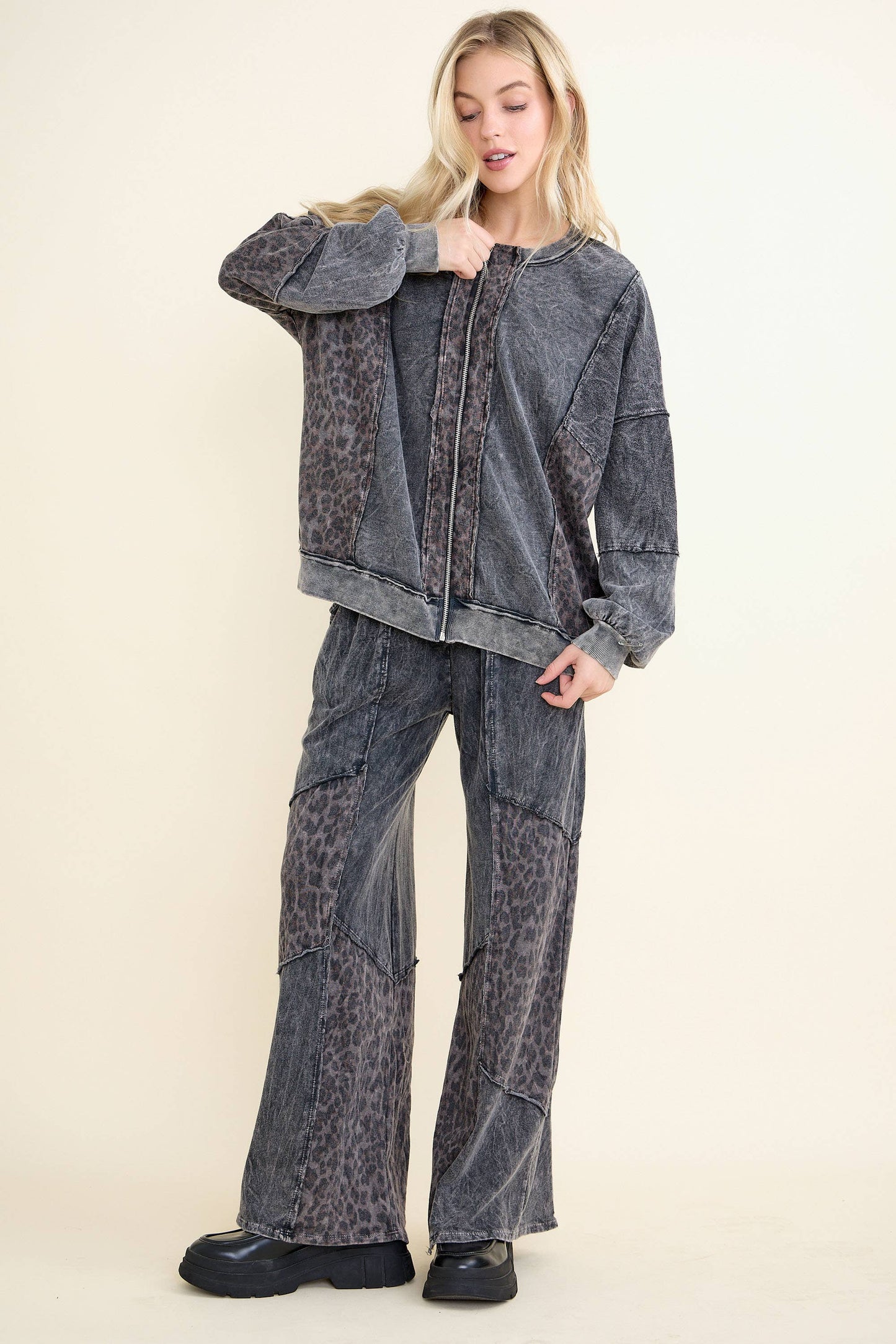 Mineral Washed Cheetah Zipper Jacket