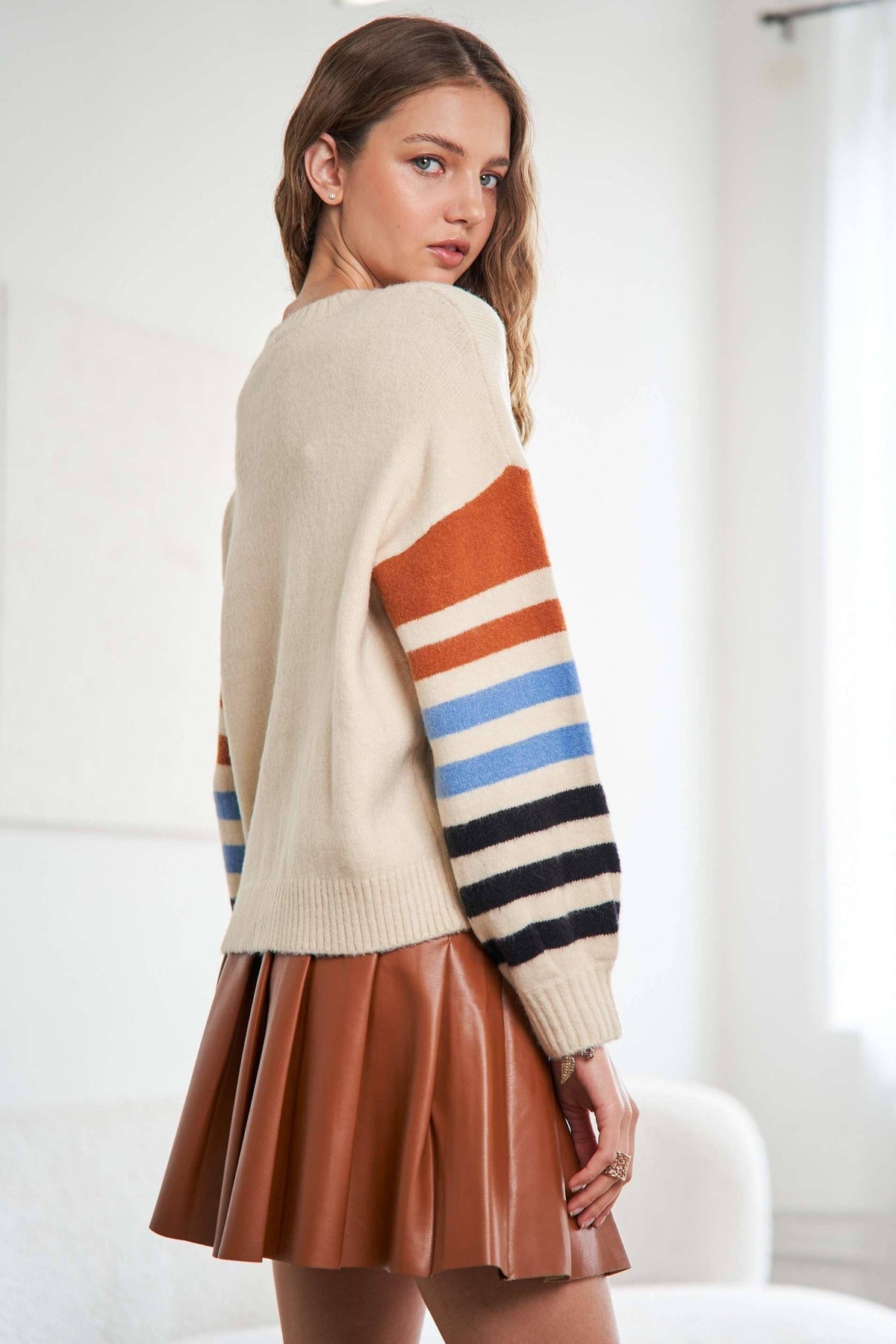 STRIPE SLEEVE COZY SWEATER- CESW2490