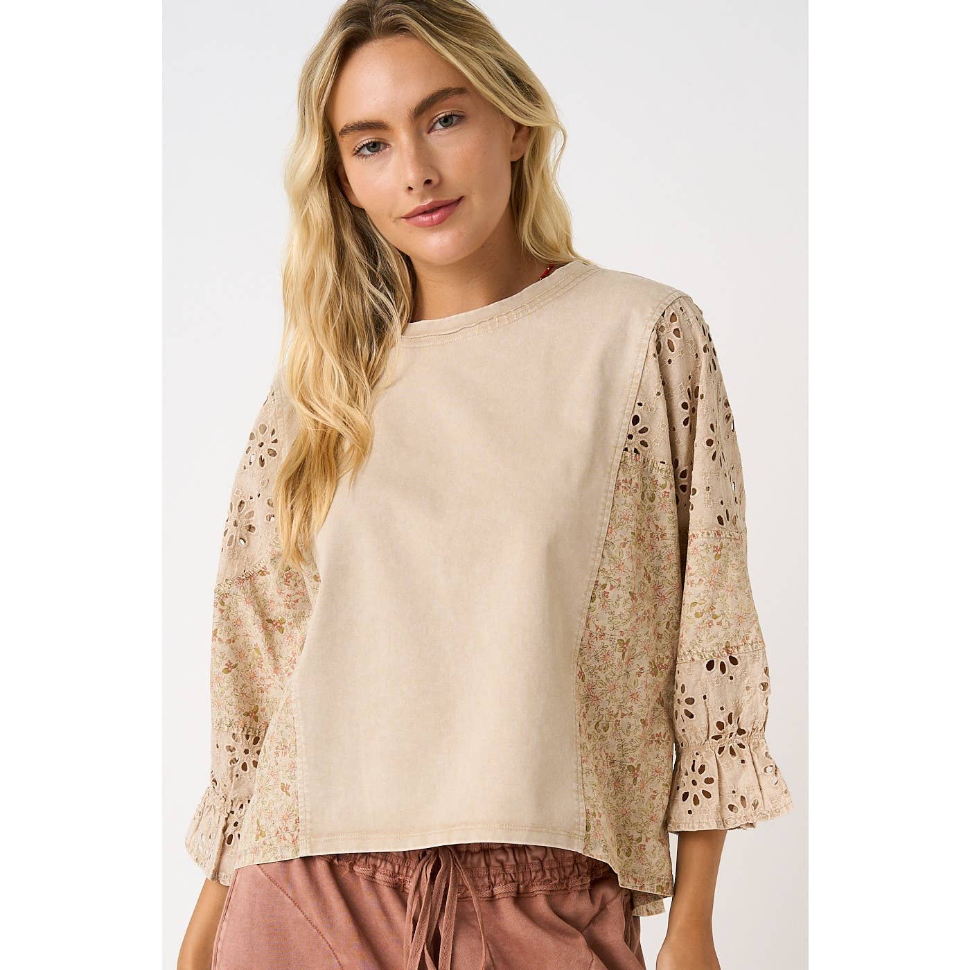 EYELET PATCHWORK RUFFLE LONG SLEEVE TOP