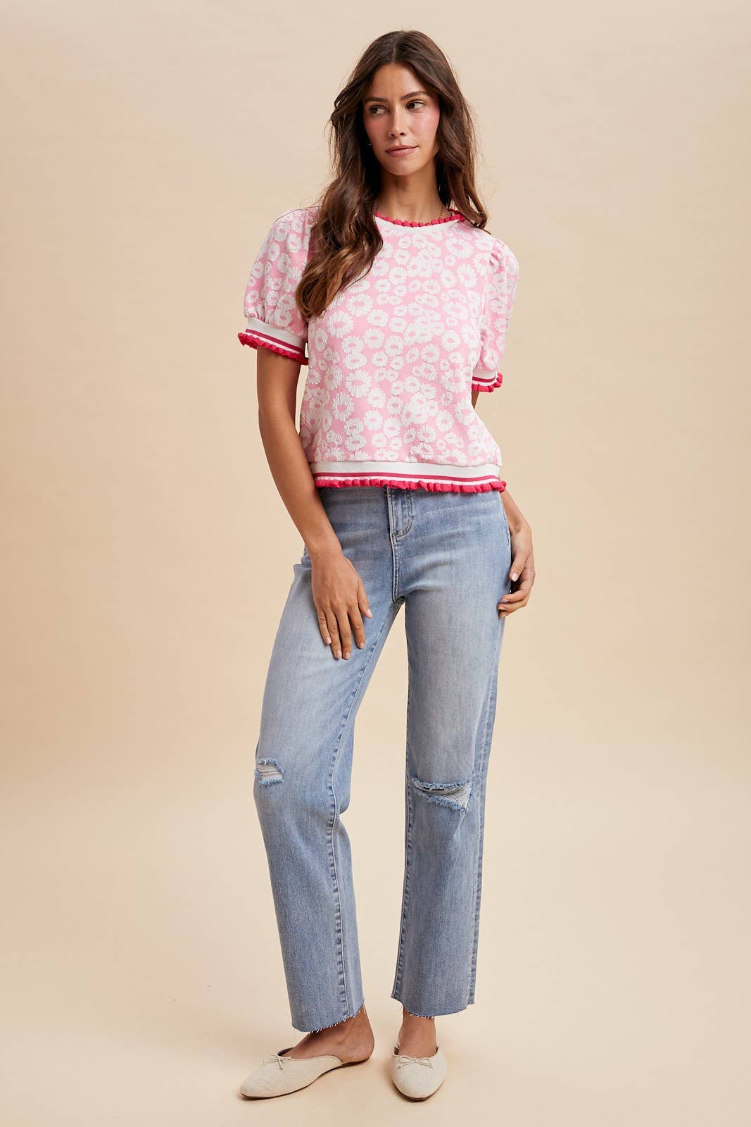 Flower Embossing Puff Sleeve Top