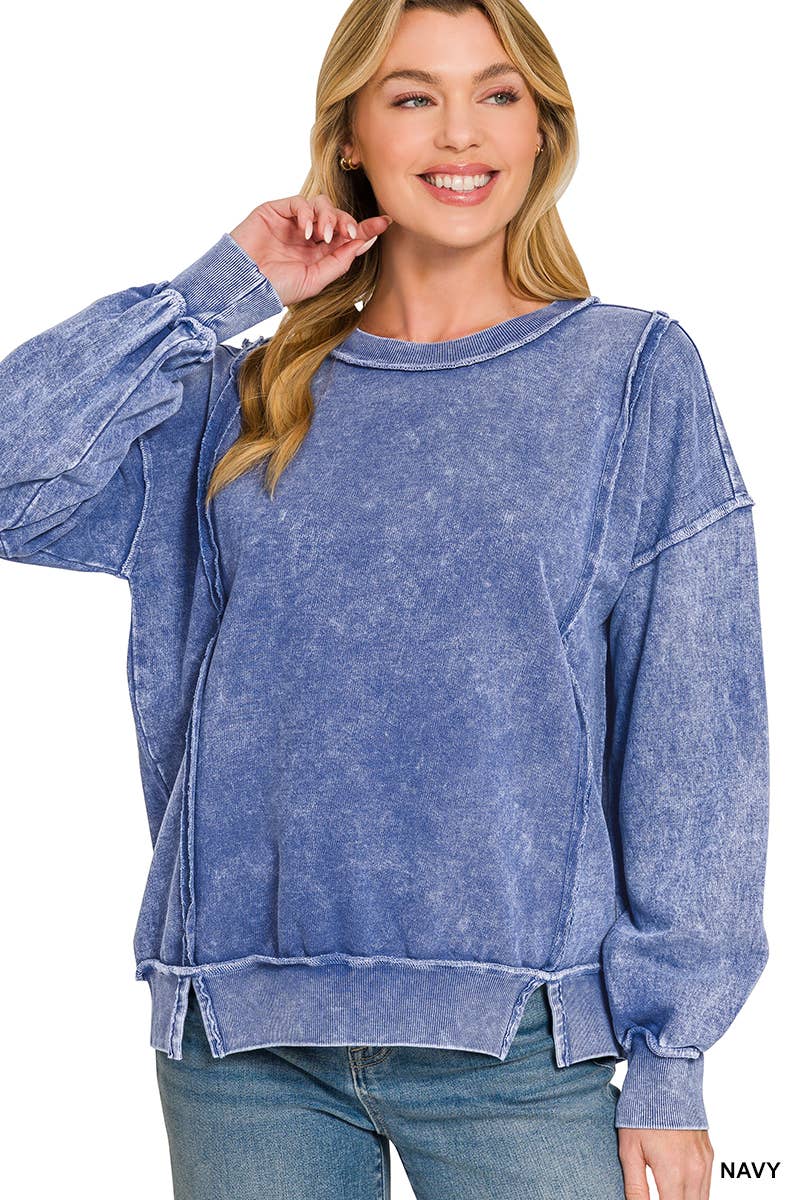 0326 Halo Snow Washed F/Terry Exposed Seam Sweatshirt SI-29633 Zenana