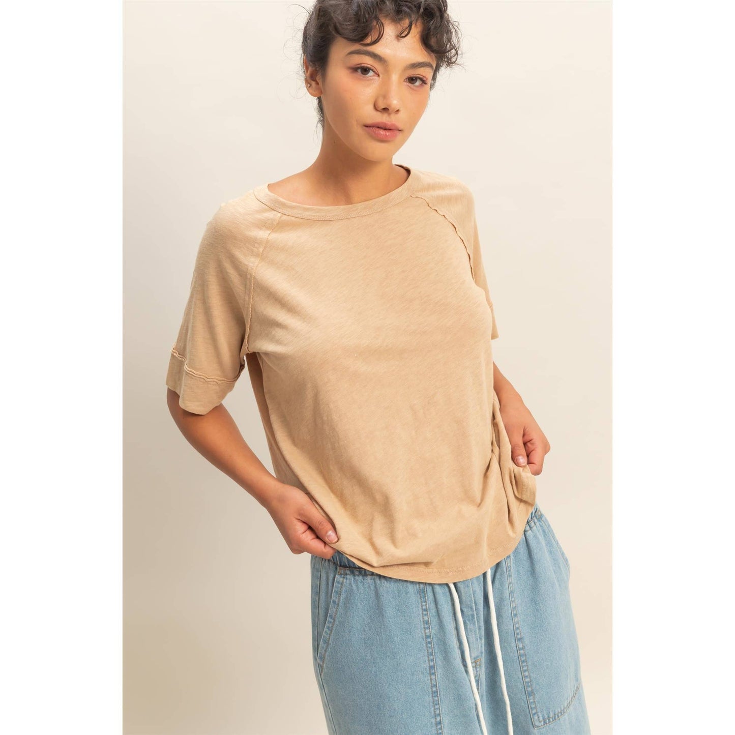 Acid Wash Raw Seam Raglan Short Sleeve Tee