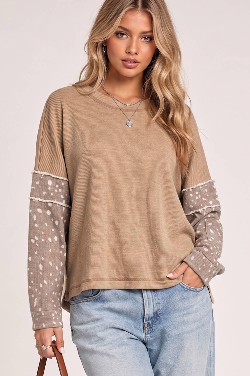 Thermal Denim Print Sleeve Top