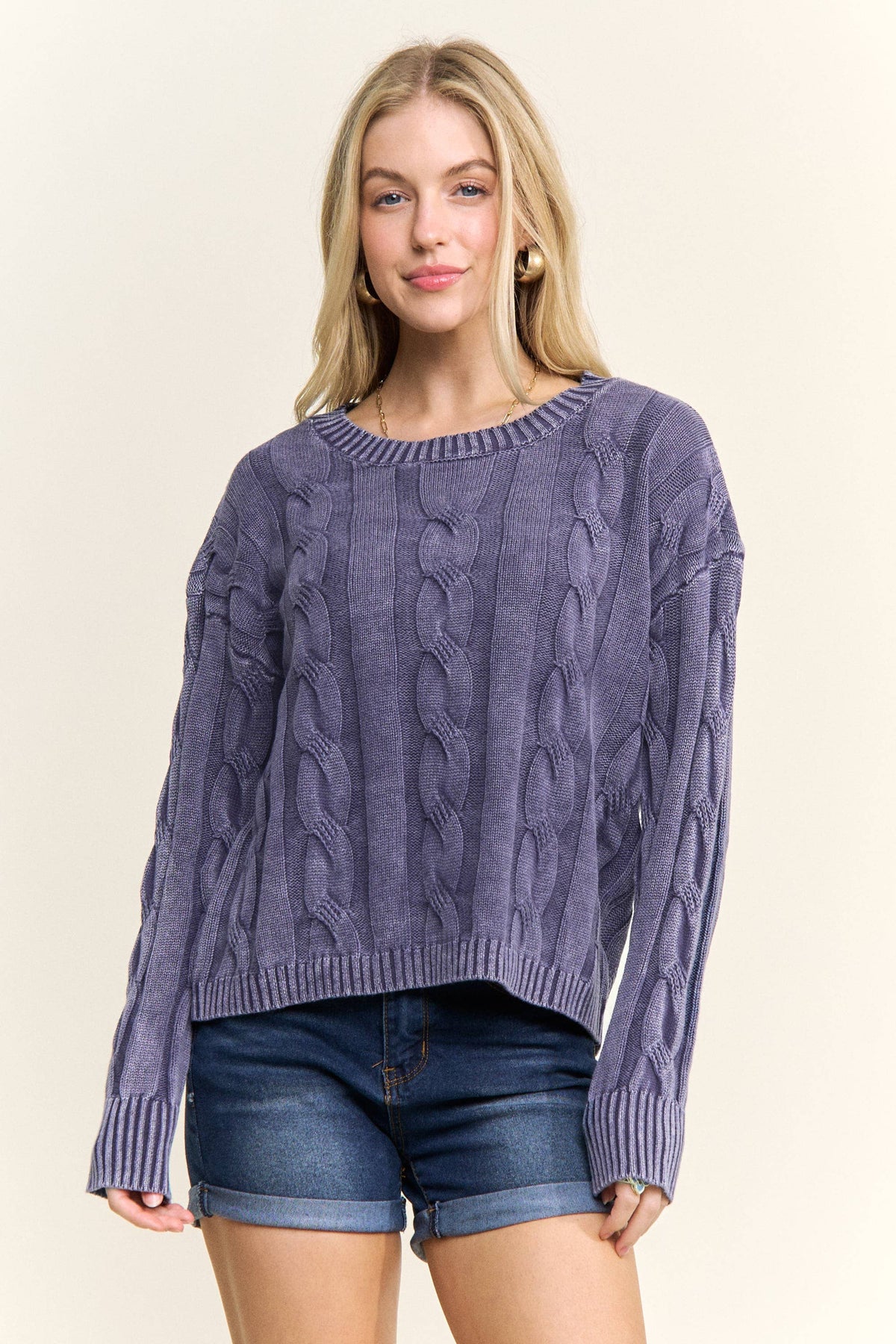 CESW3701 - MINERAL WASHED CABLE KNIT SWEATER TOP