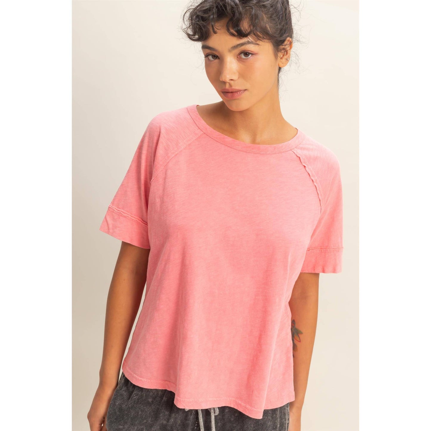 Acid Wash Raw Seam Raglan Short Sleeve Tee