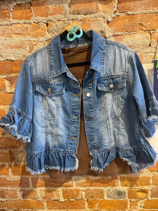 Blue Ruffle Raw Edge Denim Jacket