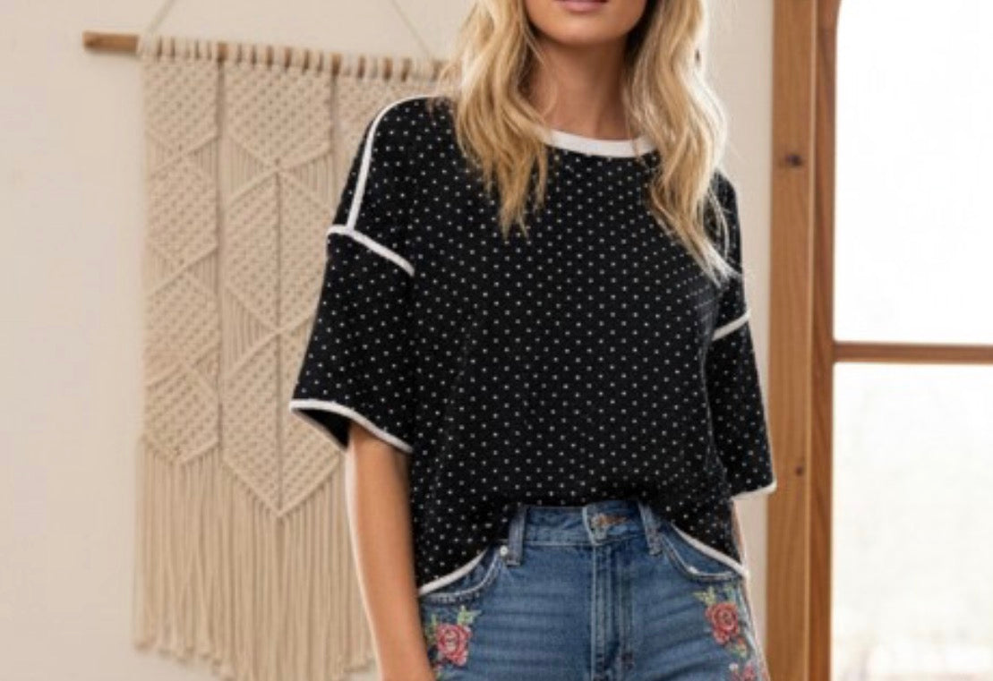 Polka Dot Contrast Trim Top