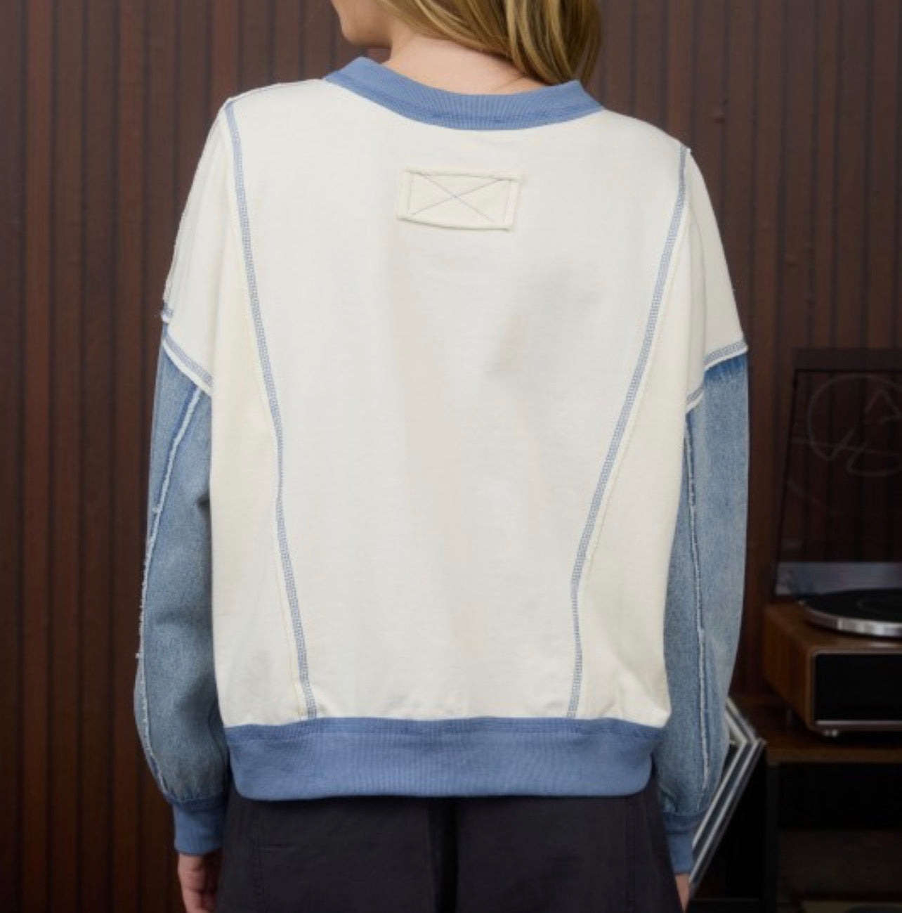 Mix Media Denim Sleeve Sweatshirt