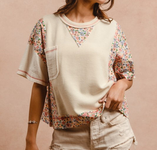 Gauze And Thermal With Floral Print Top