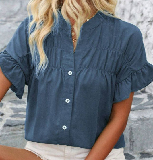Blue Ruffle Sleeve Ruching Detail