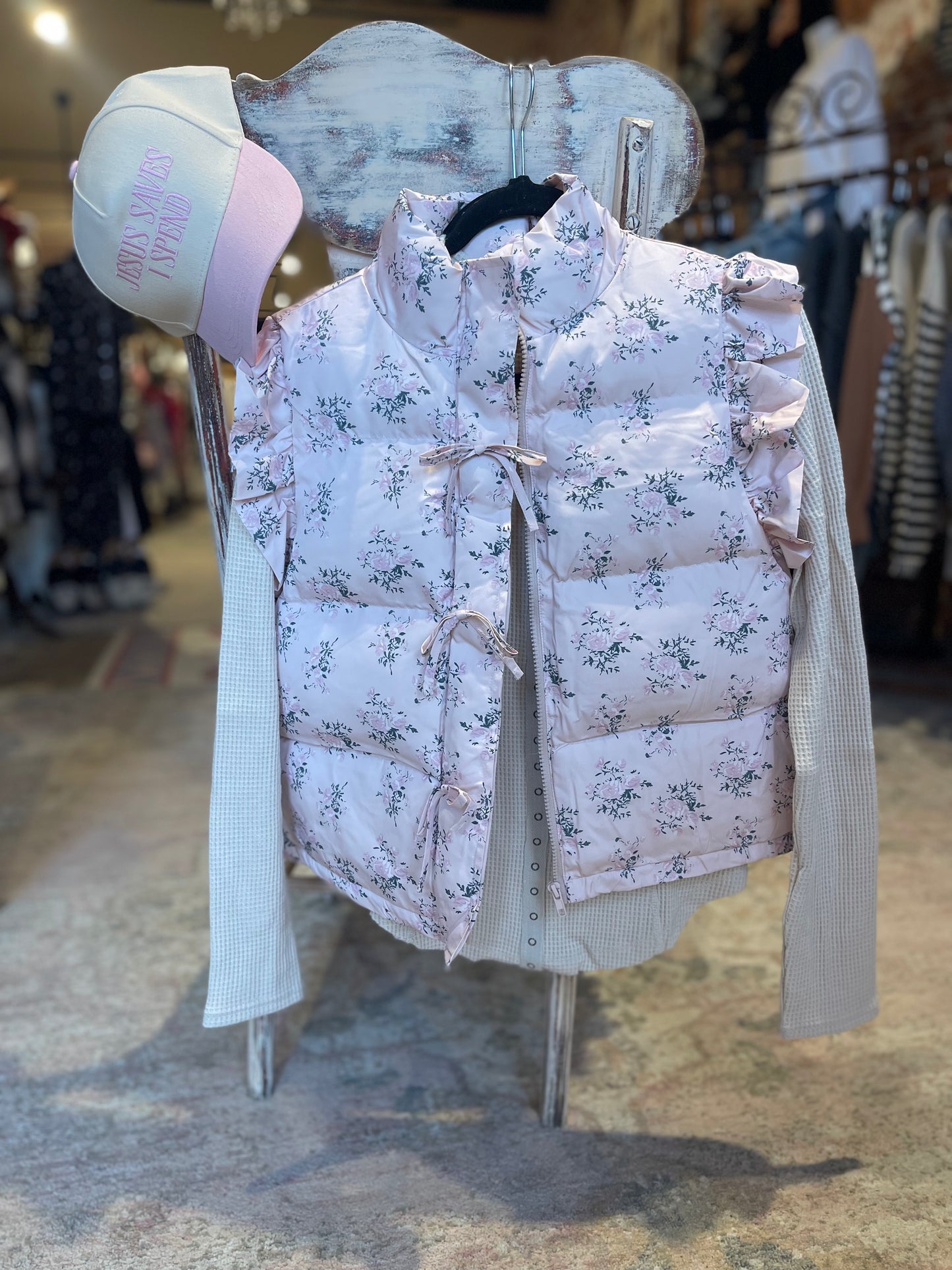 Floral Ruffle Sleeve Puffer Vest