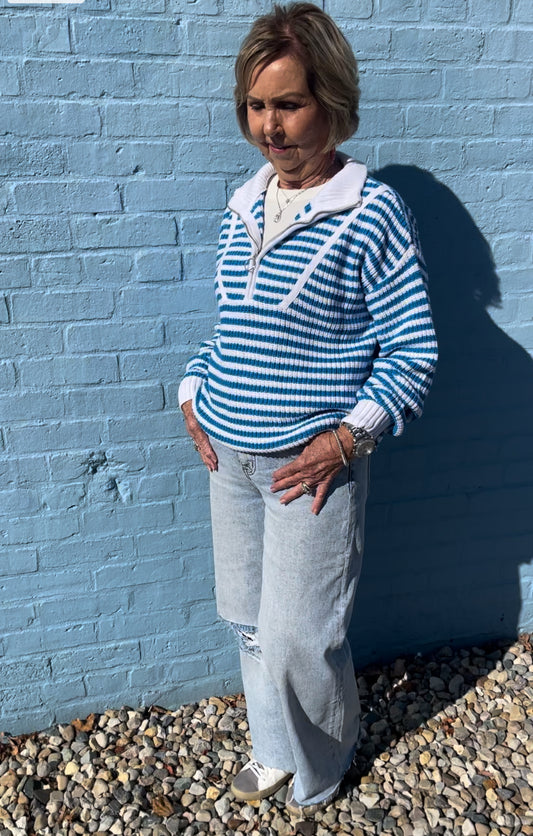 Blue And White Stripe Pull Over