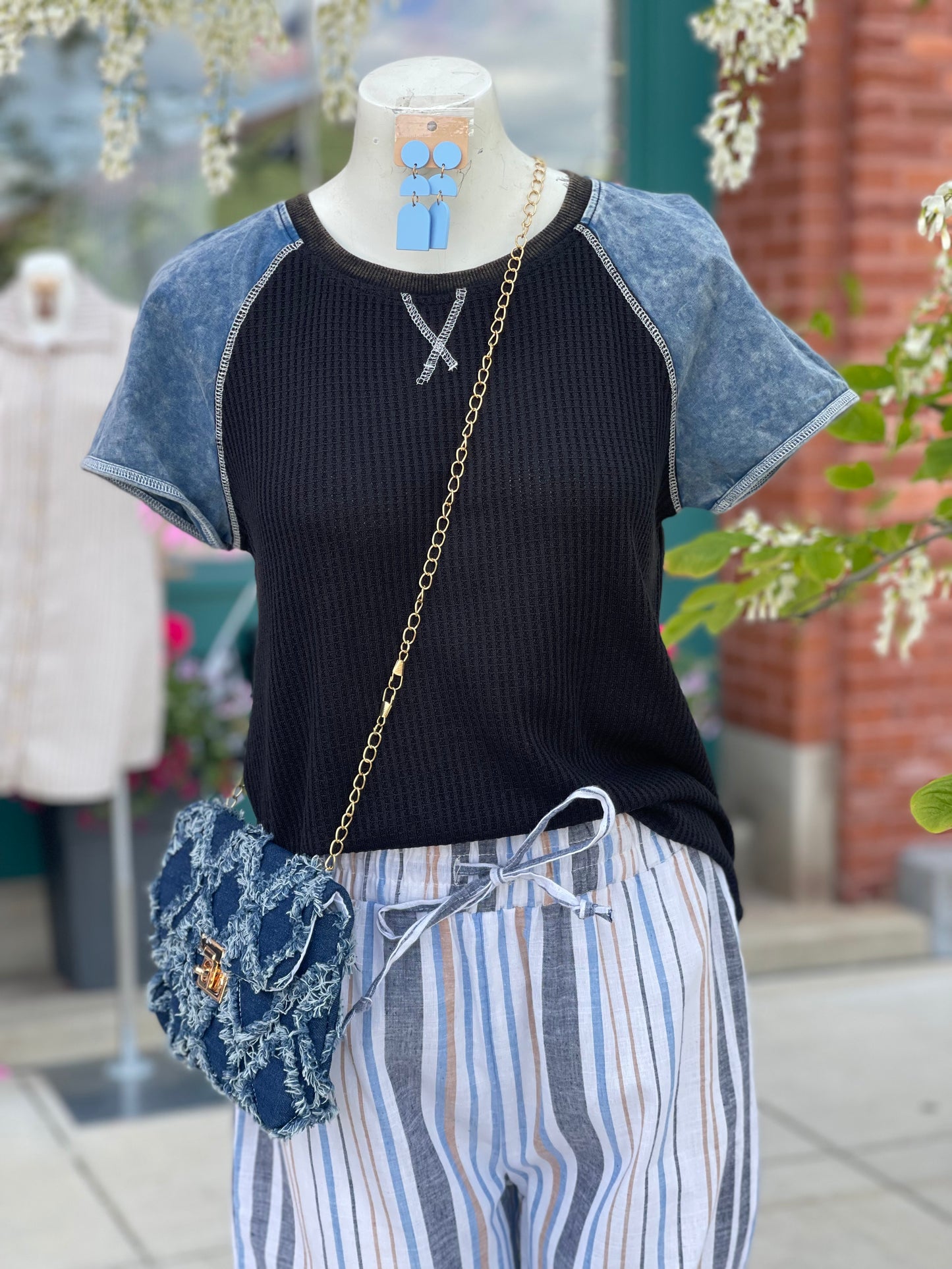 Angie Waffle Denim Color Sleeve Top