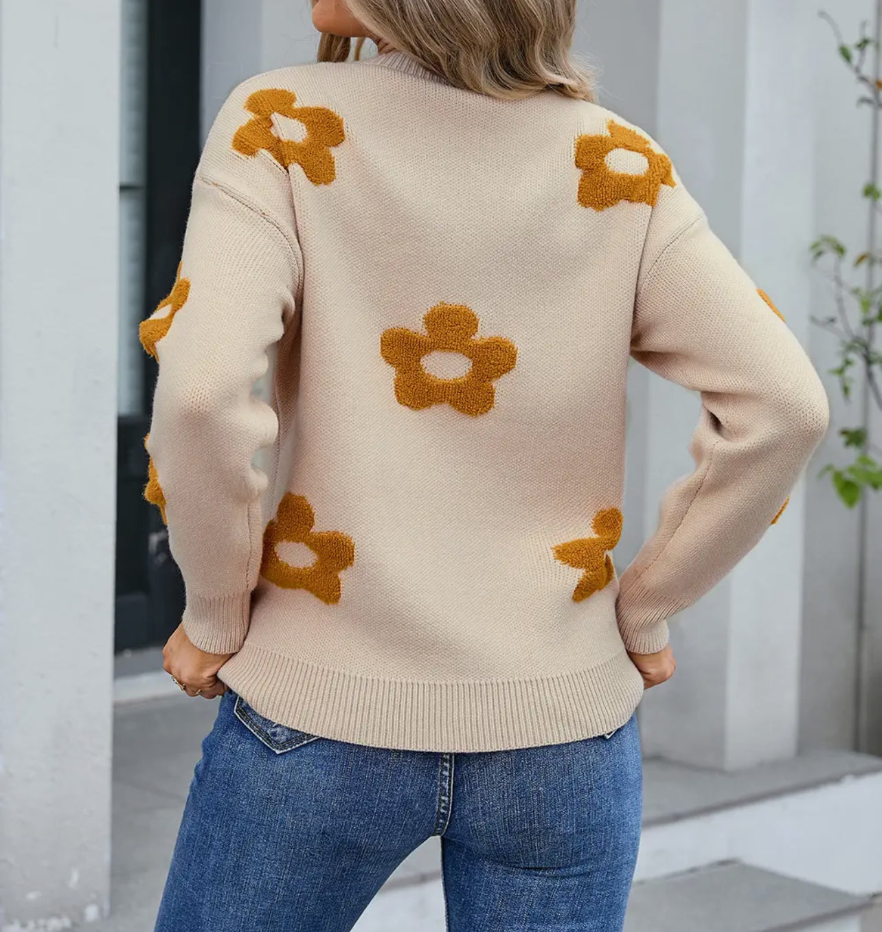 Mustard And Cream Fuzzy Floral Print Sweater