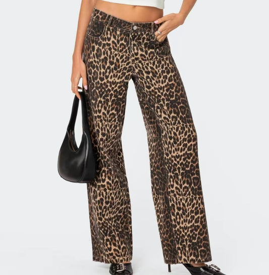 Leopard Print Low Rise Wide Leg