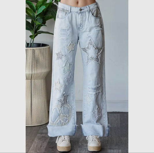 Peace And Star Patchwork Jeans