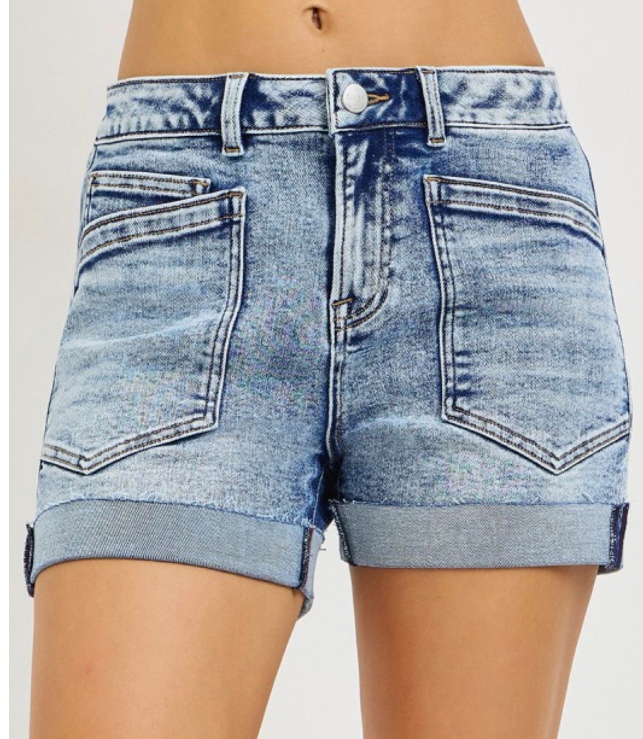 Patched Pocket Cuffed Denim Shorts