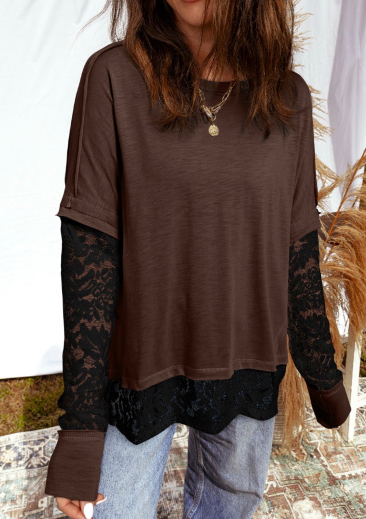 Dark Brown Black Lace Sleeve