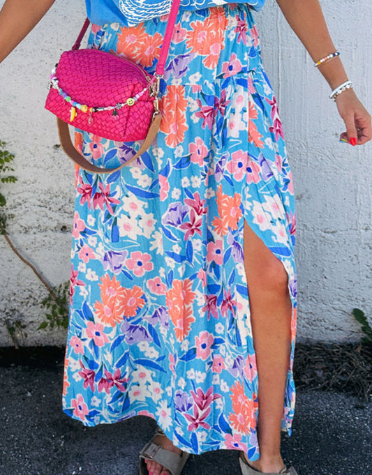 Blue Floral Printed Split Wrap Skirt