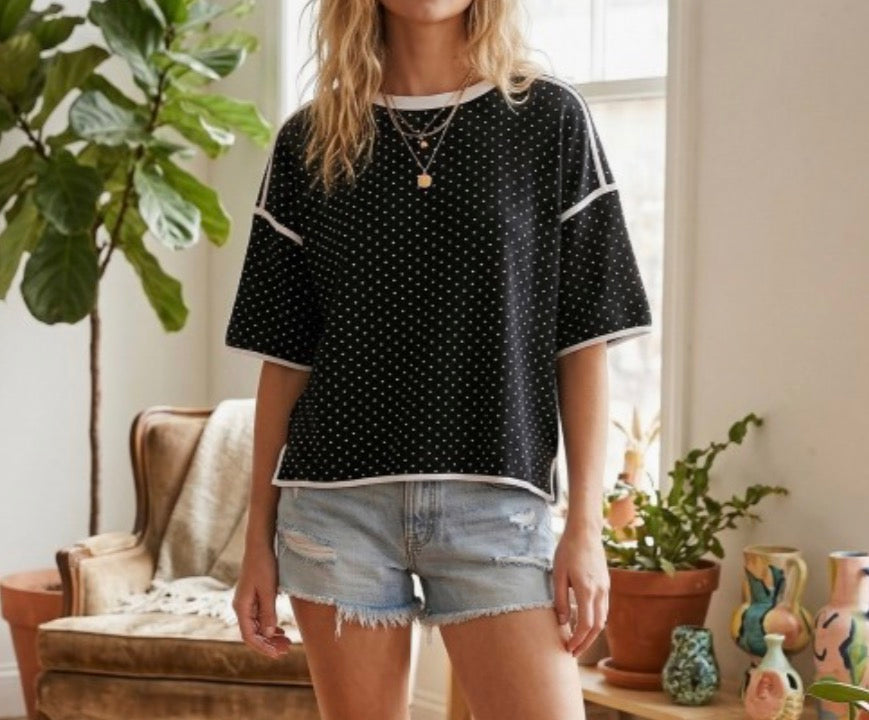 Polka Dot Contrast Trim Top