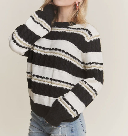 Cable Knit Stripe Accent Sweater